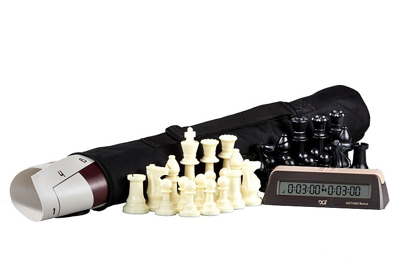 Juego de ajedrez en bolsa: piezas de plástico con peso incorporado DCP03H (rey de 96 mm) + tablero enrollable de 57 mm + reloj de ajedrez DGT 1002 + bolsa - Juego de ajedrez en bolsa: piezas de plástico con peso incorporado DCP03H (rey de 96 mm) + tablero enrollable de 57 mm + reloj de ajedrez DGT 1002 + bolsa