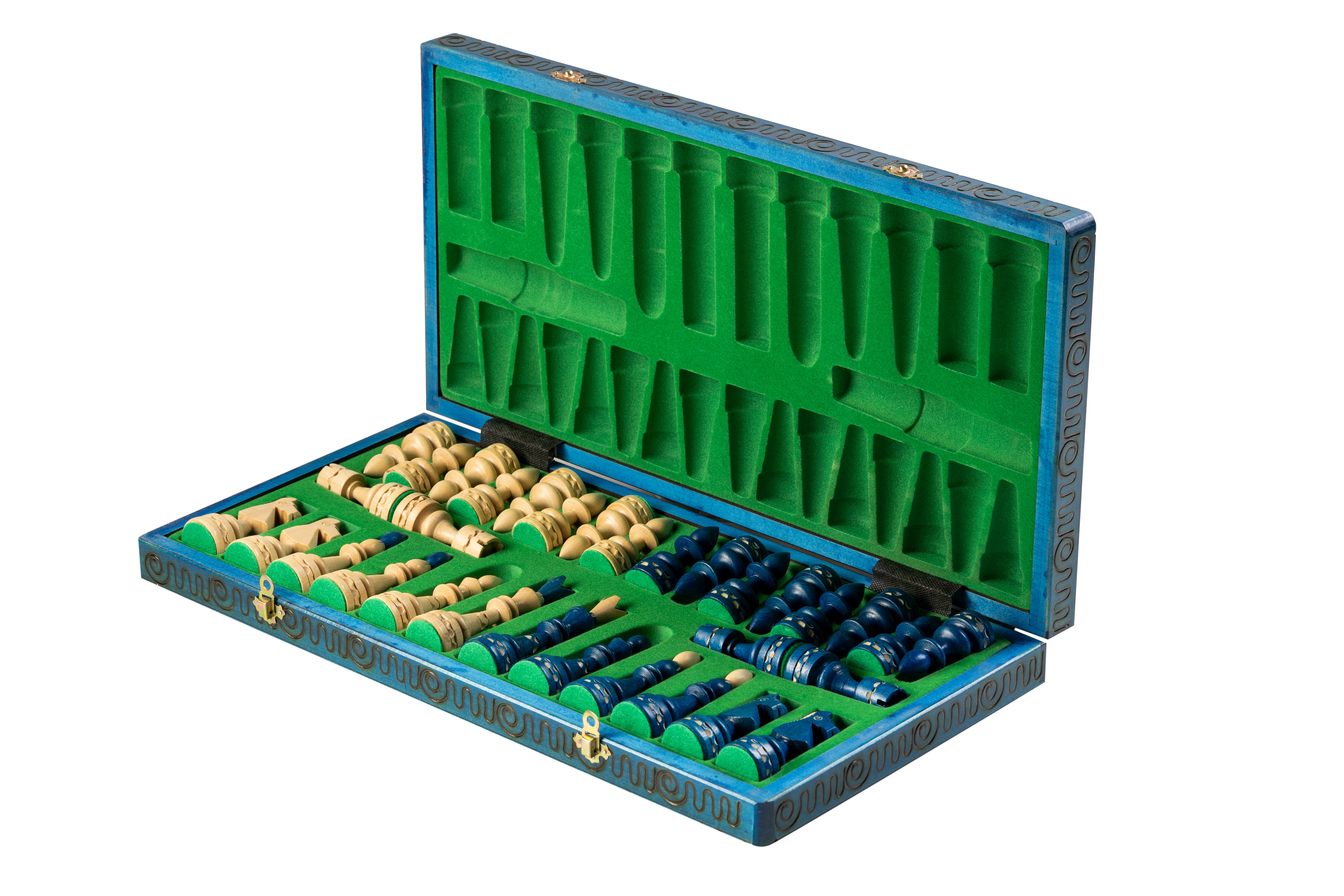 Indisches Schachspiel aus Holz blau - großes Schachset - Indisches Schachspiel aus Holz blau - großes Schachset