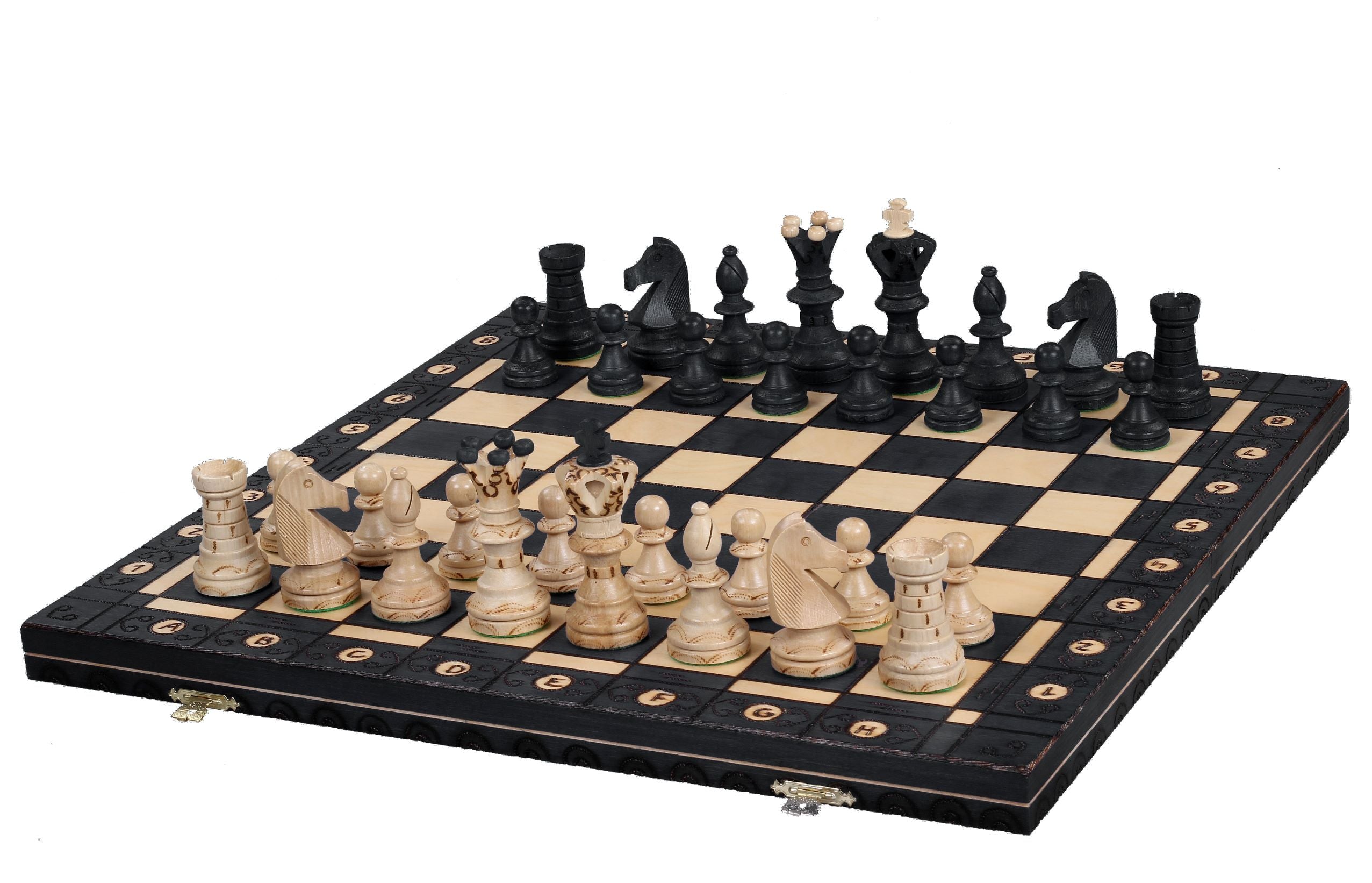 LARGE AMBASADOR BLACK (54x54cm) - wooden chess set with burnt chessboard - LARGE AMBASADOR BLACK (54x54cm) - wooden chess set with burnt chessboard