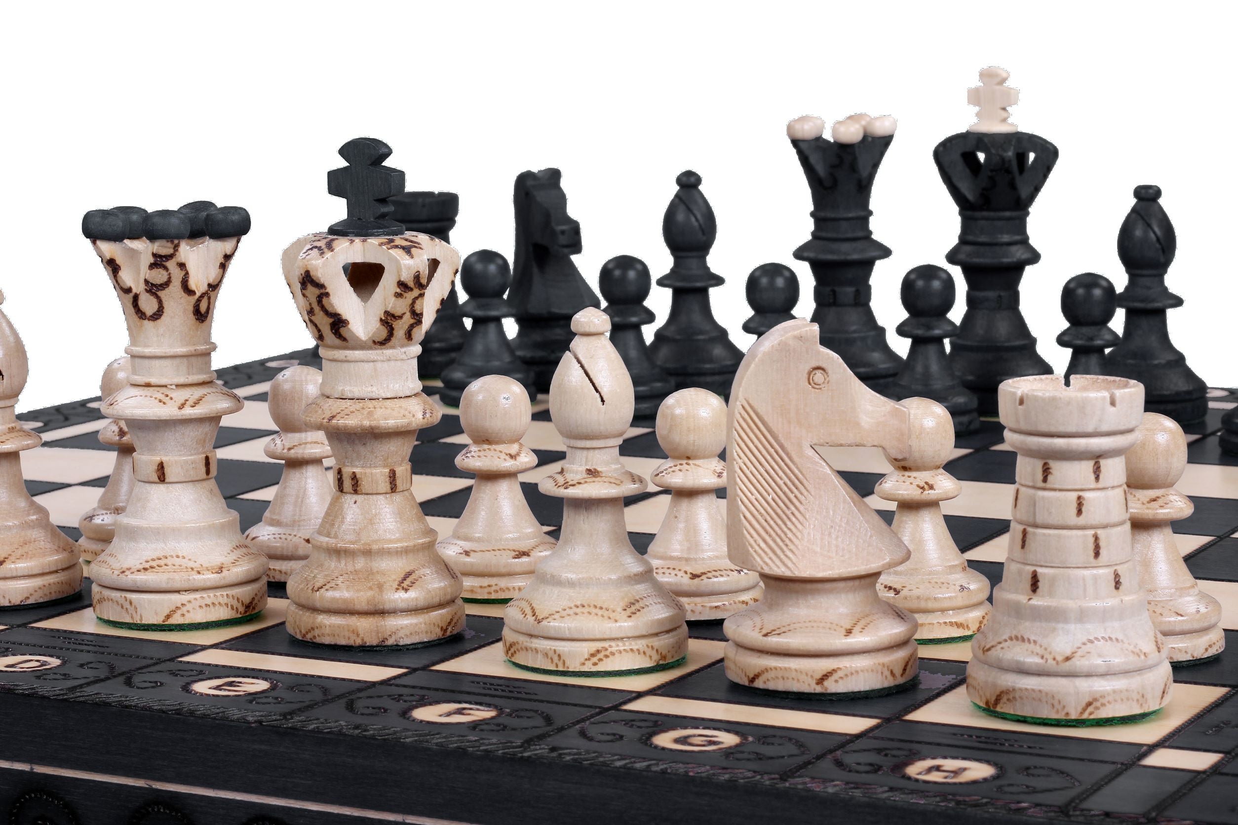 AMBASADOR BLACK chess set - large wooden chess pieces with burnt chessboard - AMBASADOR BLACK chess set - large wooden chess pieces with burnt chessboard